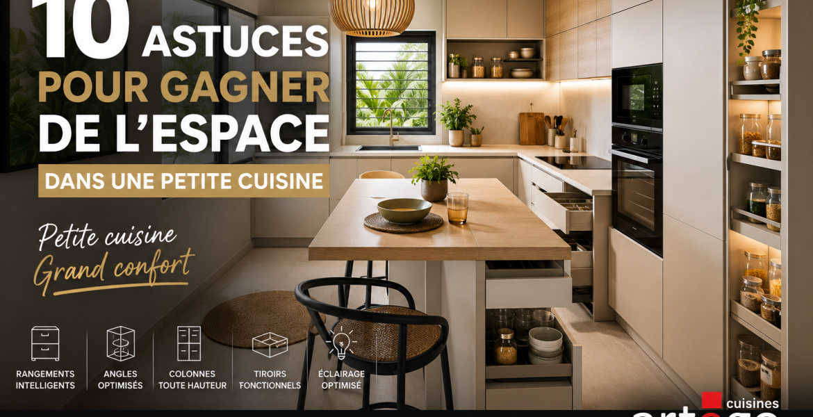 Petite cuisine optimisée en Guadeloupe avec rangements intelligents et aménagement sur mesure Artego Cuisines